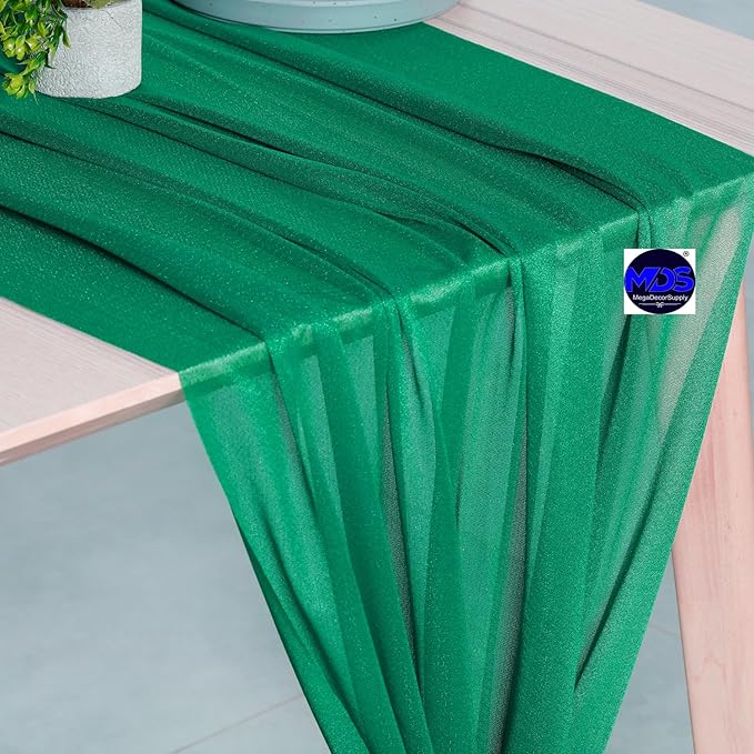 MDS 5 Pack 10ft Chiffon Table Runner 29 x 120 Inches Sheer Wedding Runner Romantic Rustic Table Runner for Wedding Decorations, Birthday Parties, Bridal Shower Party Arch Decor - Emerald Green