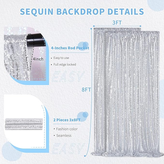 Sequin Backdrop Curtains 6ft x 8ft Silver Background Wedding Decoration Panels Giltter Curtains for Birthday Party 2 Pcs 3ftx8ft