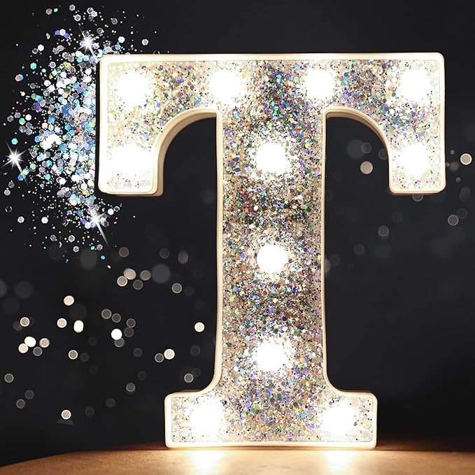 Pooqla Light Up Letters, LED Marquee Letters for Silver Birthday Decorations, Battery Powered Night Light Teenager Girl Room Decor, Gift for Girls Boys Wedding Bedroom Christmas Party Decor, Letter T
