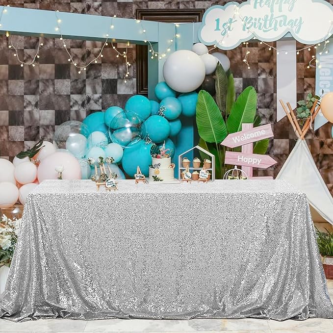 OQSQ Silver Sequins Tablecloth 60x102 inch, Sparkly Glitter Table Cover for Wedding Birthday Party Prom Decorations
