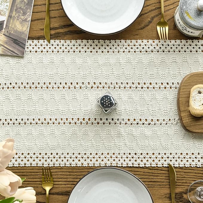 Artoid Mode Beige Farmhouse Woven Rustic Hollow Table Runner, Seasonal Holiday Hollow Kitchen Dining Table Decoration for Home Party Decor 12x72 Inch