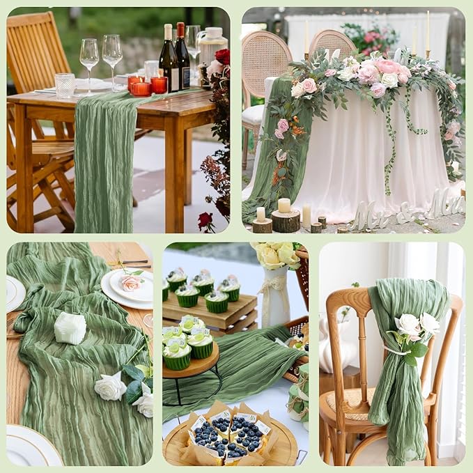 Asee'm 2pcs Cheesecloth Table Runner 120 Inches Sage Green Boho Gauze Cheese Cloth Runner 10FT Rustic Sheer Table Runners for Summer Wedding Baby Shower Holiday Party Decoration