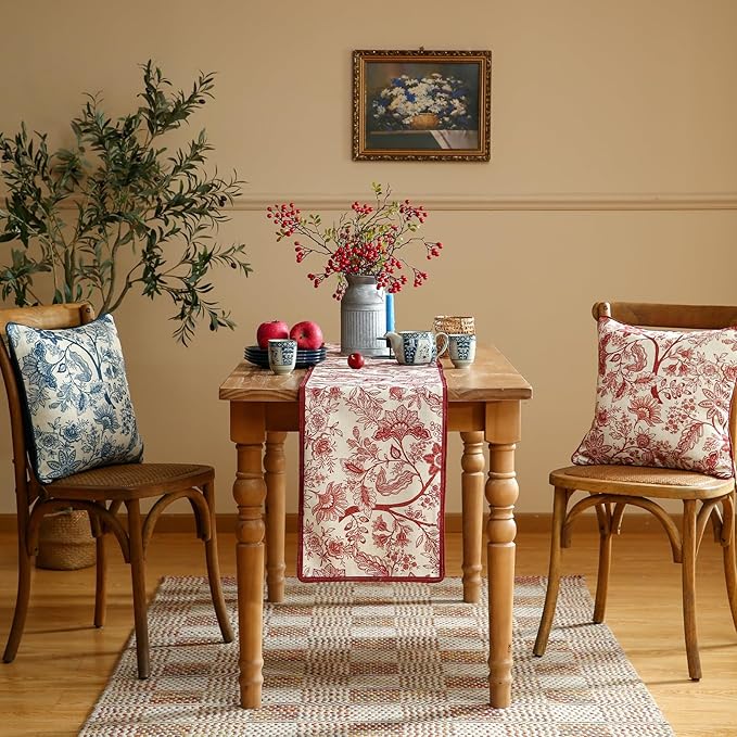 ISAENNE Designer Chinoiserie Elegant Linen Extra Long Table Runner 118 Inches,Red Floral Pattern Decor Table Runners for Thanksgiving,Dining Room,Banquet,Kitchen Tables,Christmas,12"*118"-Ruyi A