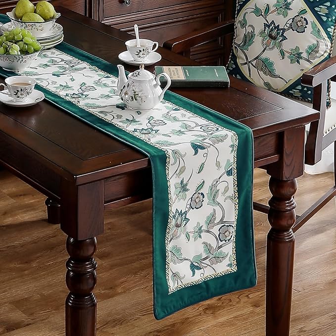 patdrea Designer Elegant French Floral Velvet Table Runner, Teal with Blossoms Pattern Table Mat, Decoration for Kitchen Dining Coffee Table Shelf Cabinet Banquet Thanksgiving,12"*71"