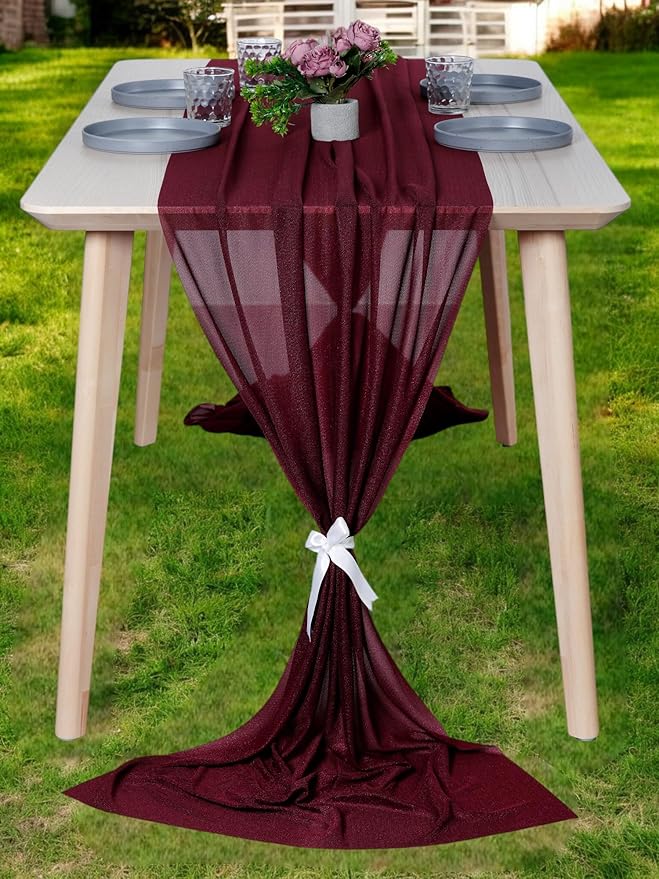 MDS 2 Pack 14ft Chiffon Table Runner 29 x 170 Inches Sheer Wedding Runner Romantic Rustic Table Runner for Wedding Decorations, Birthday Parties, Bridal Shower Party Arch Decor - Burgundy
