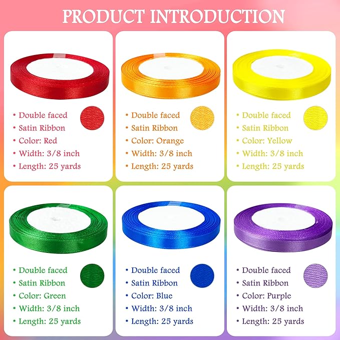 3/8" 6 Colors X 25 Yards Rainbow Satin Ribbon,150 Yards Assorted Colors Satin Ribbons for Flower Bouquet,Ribbons for Gift Wrapping Happy Birthday Party Decorations