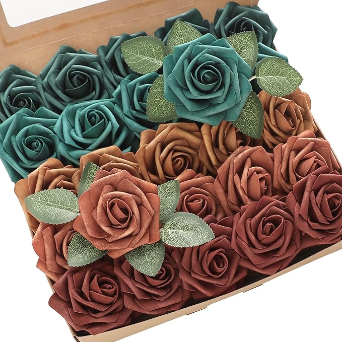 Floroom Artificial Flowers 25pcs Real Looking Teal Green Terracotta Ombre Colors Foam Fake Roses with Stems for DIY Wedding Bouquets Bridal Shower Centerpieces Floral Arrangements Tables Decoration