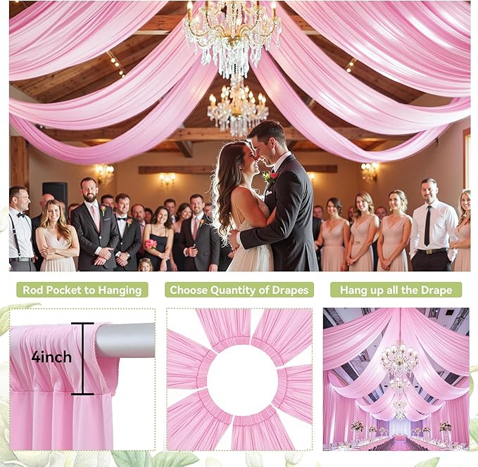 PartyVillage 2 Panels 5ftx30ft Baby Pink Ceiling Drapes for Wedding Parties – 30 FT Extra Long Thick Polyester Wrinkle-Free Drapery Tent Decor Decorations for Birthday Party Ceremony Stage Swag