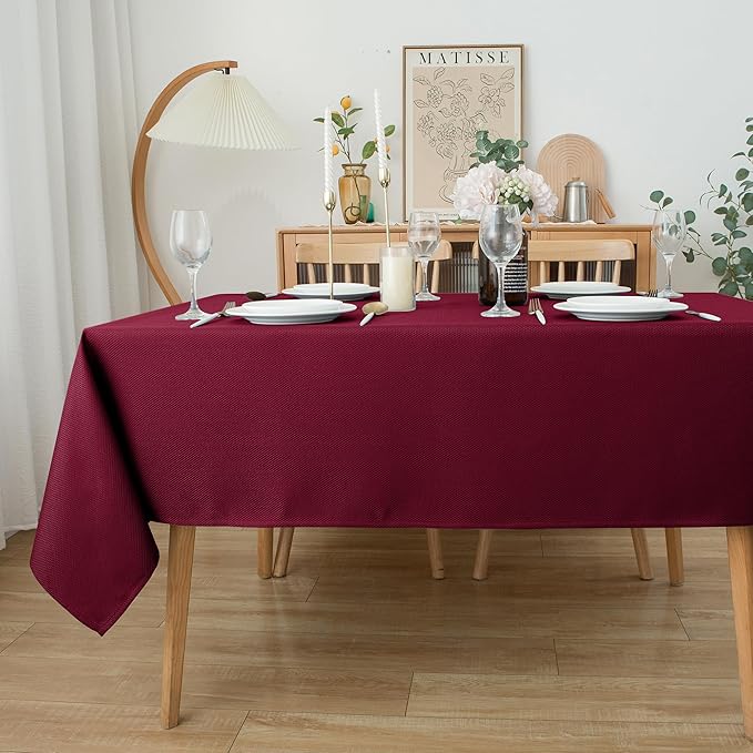 Biscaynebay Textured Fabric Christmas Rectangle Tablecloths 90x132, Burgundy Water Resistant Tablecloths for Dining, Kitchen, Wedding, Parties etc. Machine Washable
