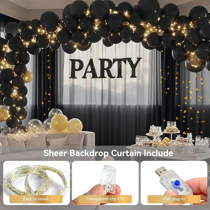 Ledido 10×8ft Tulle Backdrop Curtains with Lights String - 300LED Fairy Lights Sheer Curtain Backdrop for Weddings Baby Shower and Birthday Party Decorations(4 Panels 5×8ft)