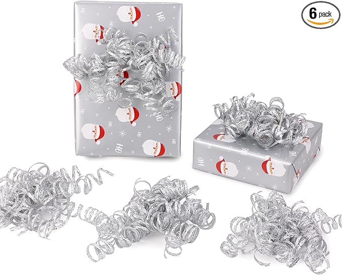 6" Metallic Silver Christmas Curly Ribbon Bows for Gift Wrapping Self Adhesive Gift Bows for Holiday Decor, Baskets, Birthday, Wedding, Presents, Party Favors Decorations 6 Counts