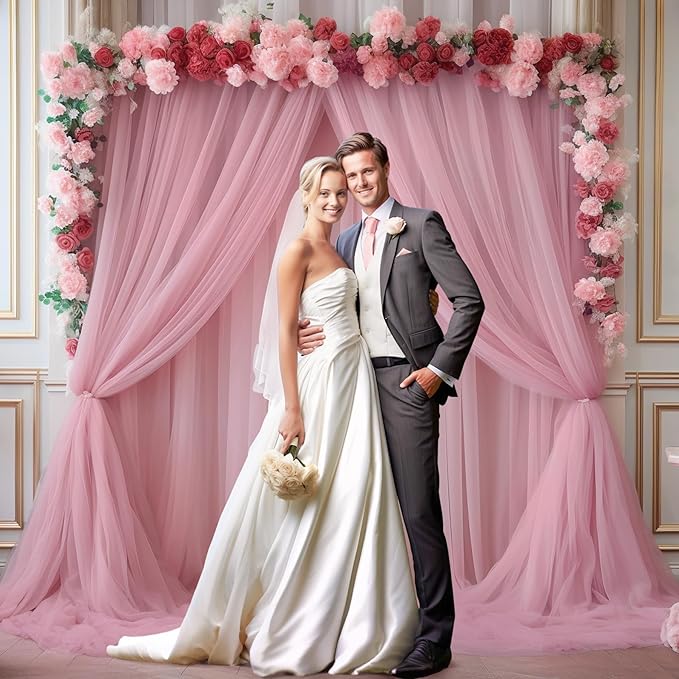 PARTISKY 20ft X 10ft Dusty Rose Tulle Backdrop Curtain for Parites, Sheer Backdrop Curtains Fabric Drapes for Wedding Ceremony Arch Party Stage Decorations