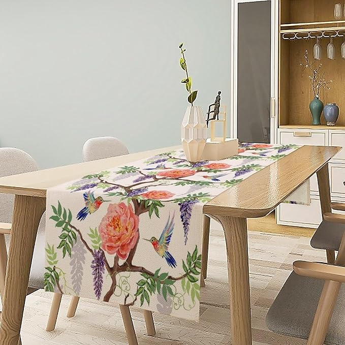 Vintage Bird Flower Table Runner Seasonal Spring Purple Wisteria Garden Plants Lavender Pink Florals Farmhouse Country Kitchen Dinner Runner Dining Table Decoration for Home Party Holiday 13"x36"