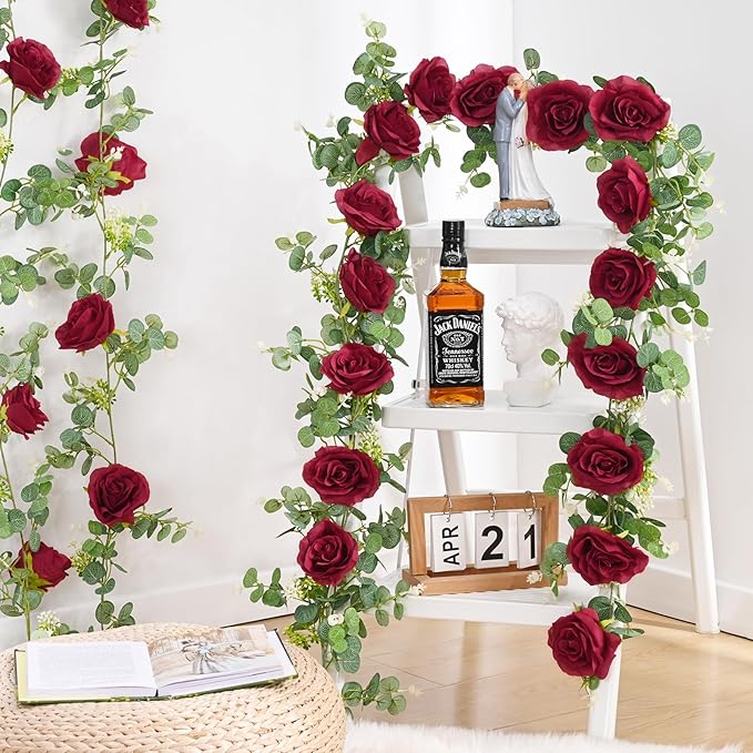 Dolicer 4Pcs 26Ft Artificial Eucalyptus Garlands with Flowers - 8 Roses, Faux Floral Greenery Garlands Fake Flowers Vines for Wedding Table Centerpieces Arch Party Ceremony Backdrop Decor (Red)