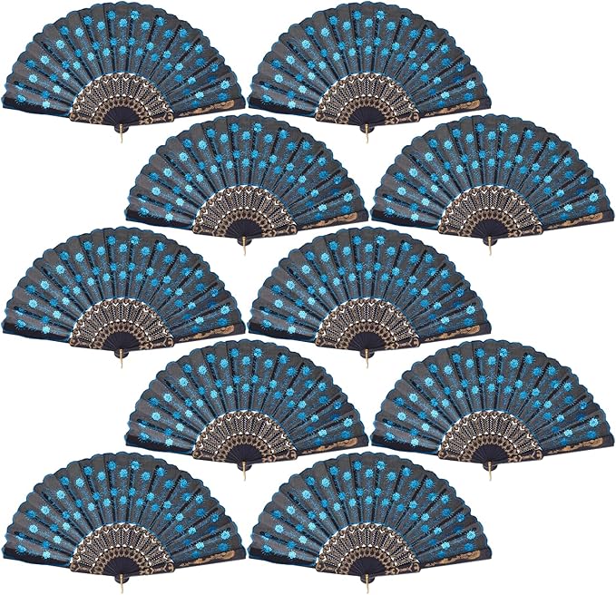 QIRMIZI 10 Pack Fabric Folding Handheld Fans, Perfect for Weddings, Parties, and Dancing,Light Blue