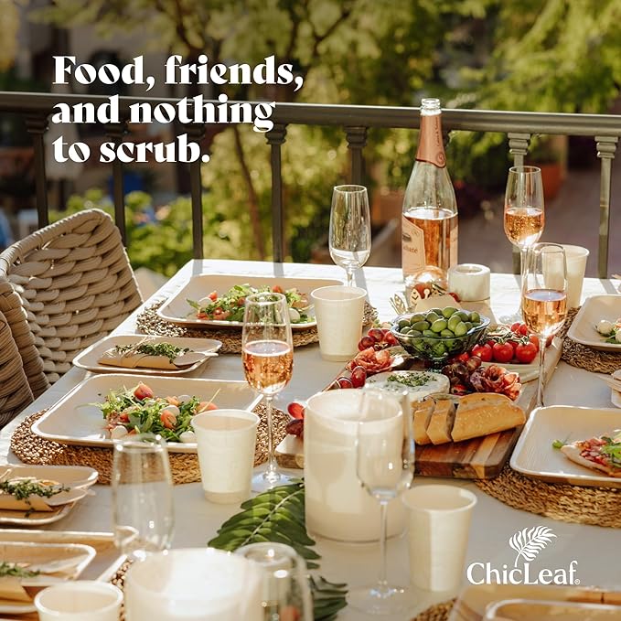 Chic Leaf Compostable & Biodegradable Palm Leaf Disposable Bamboo Plates - Disposable Party Plates for Appetizers - Camping Essentials - Reusable Party Supplies (10 & 7 Inch Square)