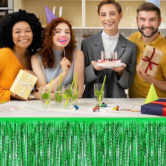 6 Pack 29x108 Inch Green Wave Foil Fringe Table Skirts Metallic Banner for Tinsel Streamer Garland Backdrop for Parade Floats Wedding, Mother's Day, Birthday Mardi Gras Party Decorations