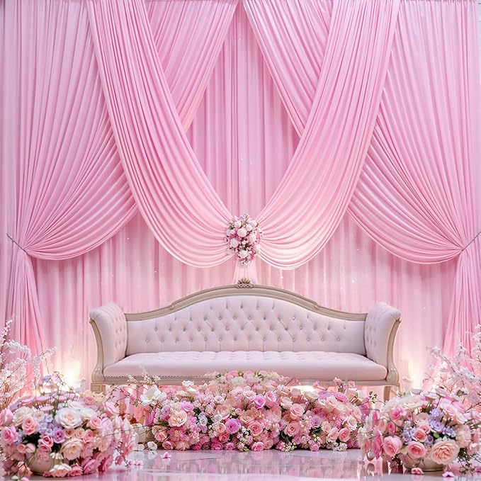 50×12ft Wrinkle Free Pink Backdrop Curtain for Wedding Parties, 10 Panels 5×12ft Long Soft Silky Polyester Backdrop Drapes Baby Pink Photo Back Drop Curtains for Party Photography Background Cloth