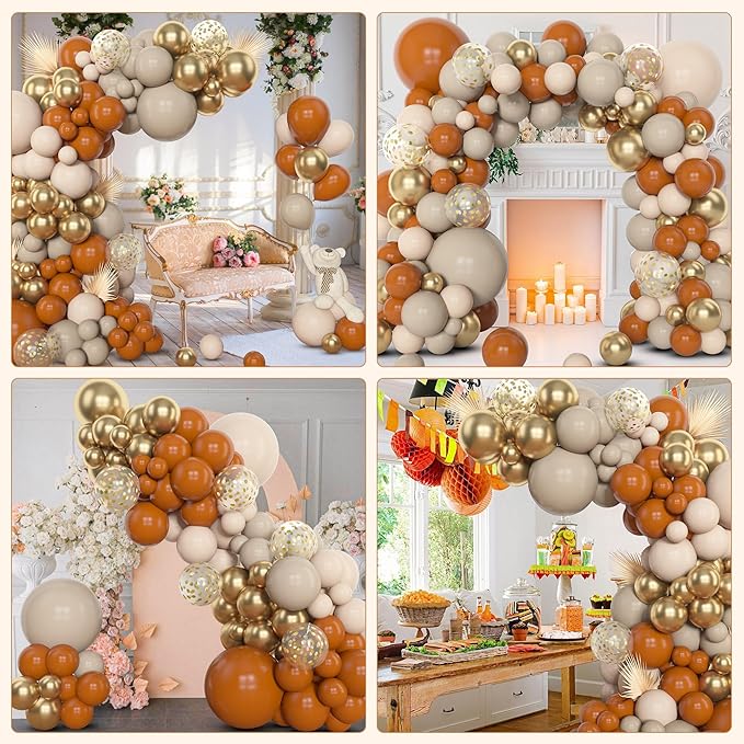 Amandir 153pcs Burnt Orange Balloon Garland Arch Kit, Different Sizes 18 12 10 5inch White Sand Nude Latex Metallic Gold Confetti Thanksgiving Fall Balloons for Baby Shower Birthday Party Decorations