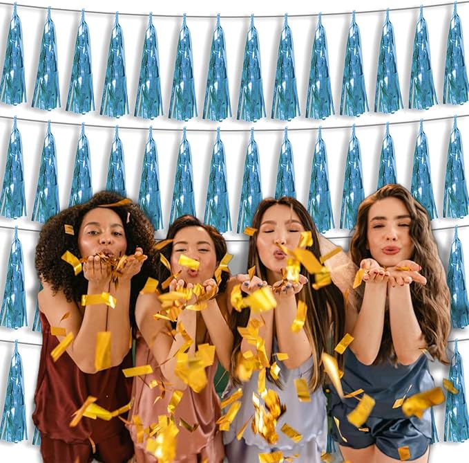 4P Light Blue Foil Fringe Tassel Banner Garland Metallic Tinsel Streamers Wall Hanging Curtain Backdrop Banner for Parade Floats, 2024 Graduation Decorations, Wedding Party Decoration