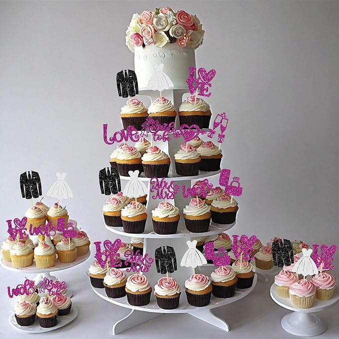 Ephlyn 30Pcs Bride to be Cupcake Toppers Glitter Wedding Cake Topper Decorations I Do Love Heart Ring Cupcake Picks for Bridal Shower Wedding Engagement Party Supplies Purple