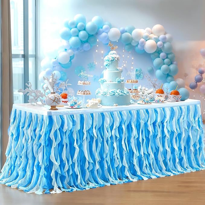 PARTISKY Ocean Blue Tulle Tutu Ruffle Curly Willow Table Skirt for Rectangle Table 6ft,Under The Sea Baby Shark Themed Table Cloth for Boys Girls Birthday Party or Baby Shower