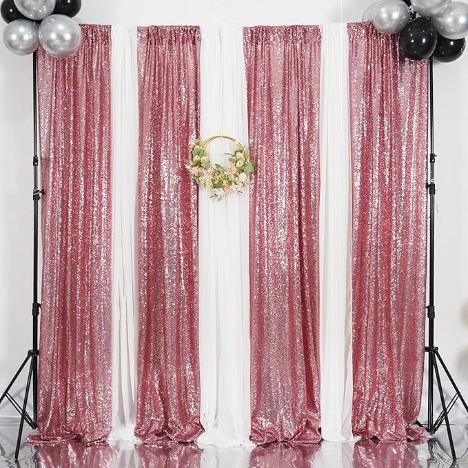 Poise3EHome Fuchsia Pink Sequin Backdrop, 4 Panels 2x8ft Glitter Curtain for Weddings, Parties, Photo Booth Decor