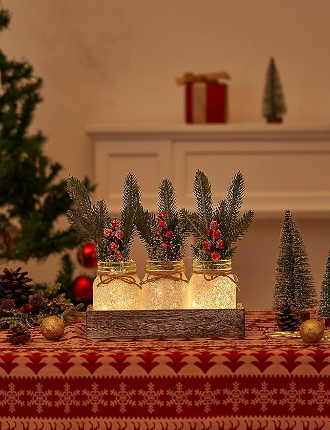 Christmas Centerpieces for Tables, Table Decor with Mason Jar, Flowers Picks, Farmhouse Wood Tray, Christmas Winter Table Decorations Centerpieces, Xmas Holiday, Kitchen, Room, Dining Decor