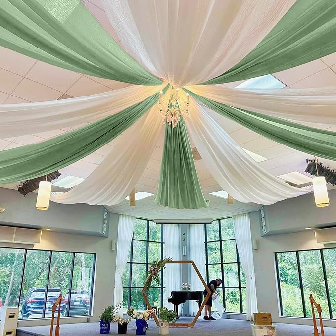 MODFUNS Sage Green Wedding Arch Draping Fabric 5x20ft 4 Panels Sheer Ceiling Curtain Chiffon Swag Curtain Romantic Tulle Arbor Draping for Party Banquet Hall Decoration