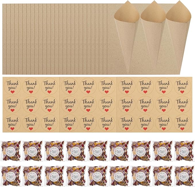 PATIKIL Dried Flower Confetti Cones, 30Pcs Paper Tapers Cone Holder with Dried Rose Petal / Sticker for Wedding Party Engagement Birthday DIY Decoration, Purple
