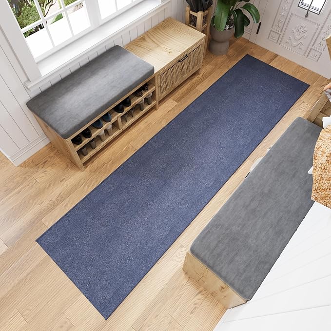 Ottomanson 2' x 14' Ultra-Thin Hallway Runner Rug - Durable Non-Slip Carpet for High-Traffic Areas - Fits Under Doors for Seamless Entry - Ideal for Kitchen, Entryway, Bedroom & Living Room, Navy