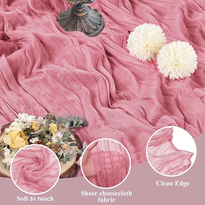 Asee'm 12pcs Cheesecloth Table Runner 120 Inches Dusty Rose Boho Gauze Cheese Cloth Runner 10FT Rustic Sheer Table Runners for Summer Wedding Baby Shower Holiday Party Decoration