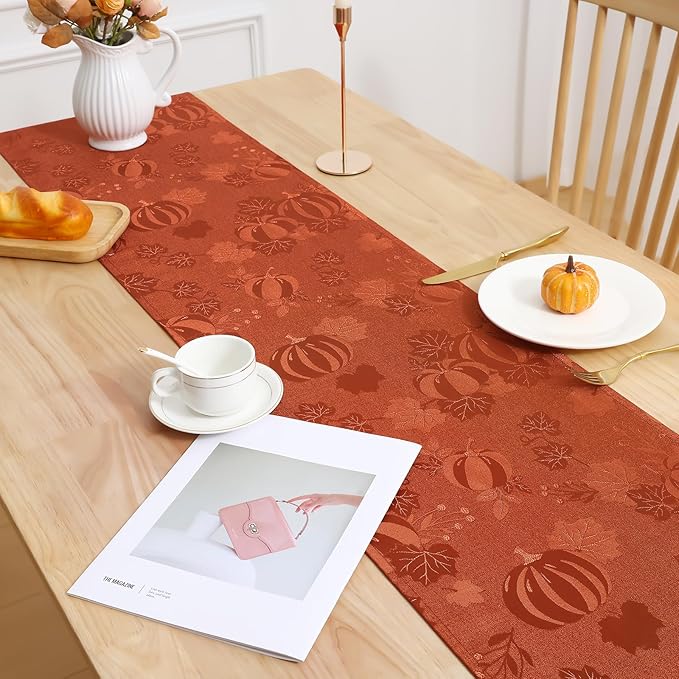 Smiry Thanksgiving Table Runner, 13x72 Inch Waterproof Fabric Damask Table Runner for Harvest Parties and Holidays, Terracotta