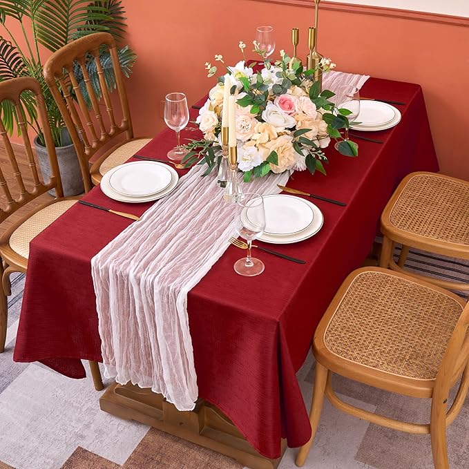 Fitable Faux Linen Christmas Tablecloths 2 Pack, Burlap Textured Fabric Rectangle Table Cloth, Elegant Decorative Table Covers for Winter Holiday Dinner Party Farmhouse (Red, 54 x 78 Inch)
