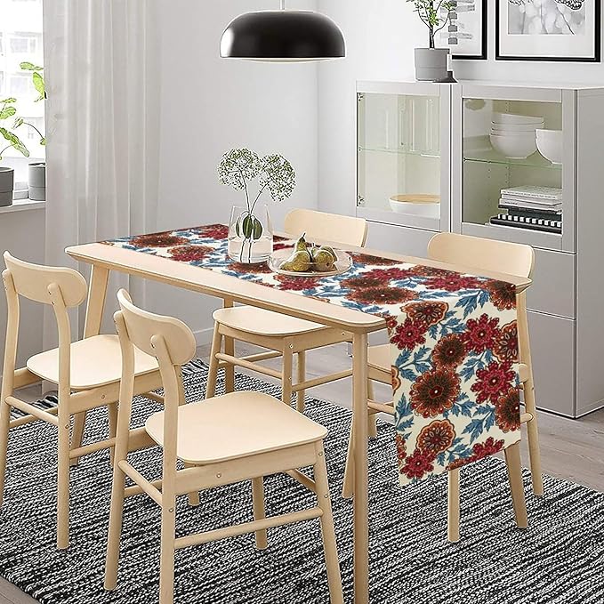 Mandala Flower Table Runner, Vintage Oriental Exotic Native Red Floral Blue Branch Leaves Botanical Print Table Runner for Farmhouse Kitchen Dining Table Decor, 13x120inch