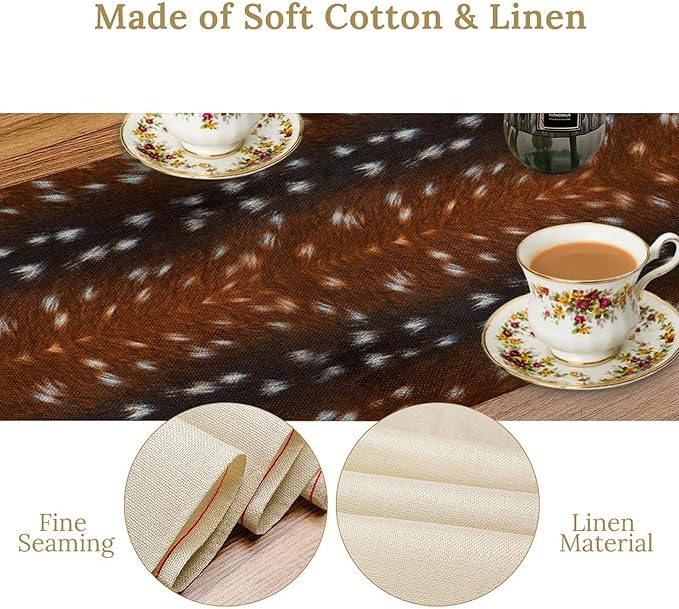 Deer Skin Table Runner Brown Fur Runner Black White Elk Deer Print Fur Western Print Cotton Linen Cottage Dinner Table Runners for Dining Room Kitchen Table Setting, 13x120 Inch