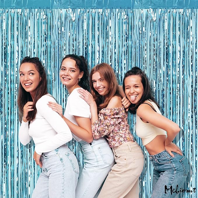 4 Pack Fringe Curtain Backdrop, 3.2Ft x 6.6Ft Light Blue Metallic Tinsel Foil Fringe Streamers Background for Photo Booth Birthday Wedding Baby Shower Easter Pool Ocean Underwater Party Decorations