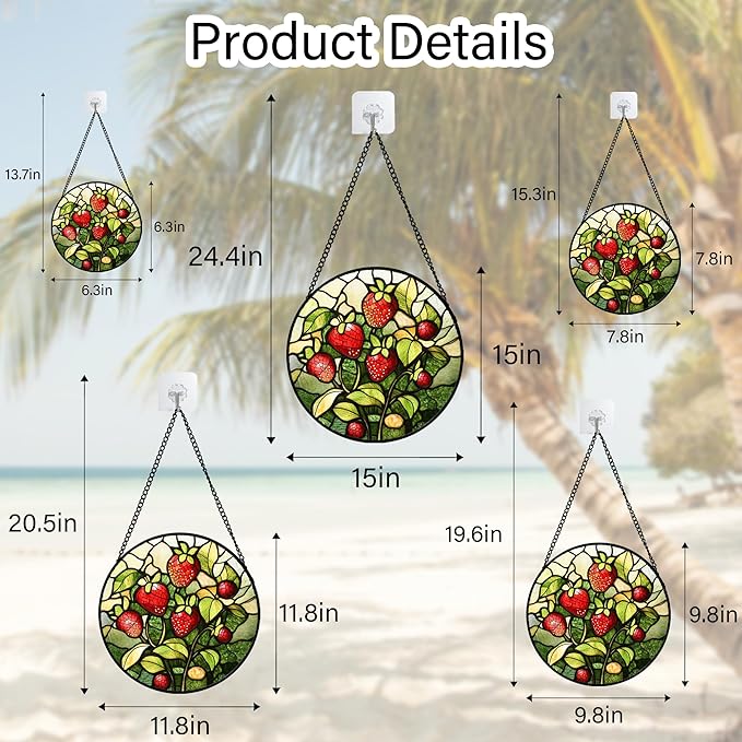 Stained Glass Window Hanging - Red Strawberry Suncatcher for Doors Window Home Green Plant Sun Catchers Decor Christmas Mother's Day Birthday Gifts for Teacher Women Men Mom Nana 9.8 in