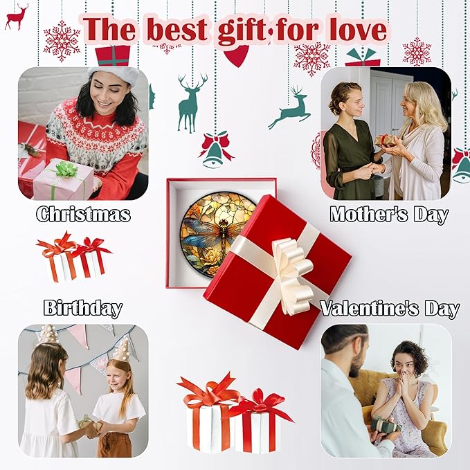 Stained Glass Window Hanging - Orange Blue Dragonfly Flower Suncatcher for Doors Window Home Sun Catchers Decor Christmas Mother's Day Birthday Outdoor Gifts for Women Men Mom Nana 6.3 in
