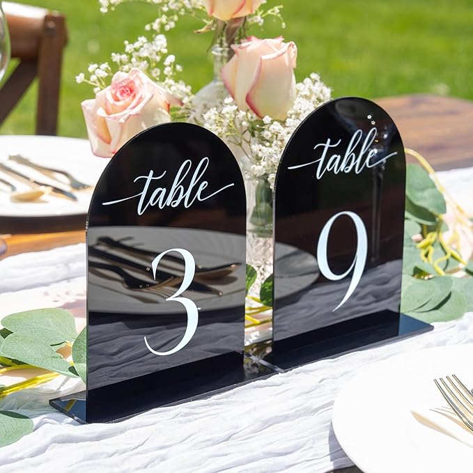 Black Arch Acrylic Table Numbers for Wedding Reception - 5" x 7" White Font Centerpiece Set with Holder Stands & Head Table Sign - Anniversary, Event, Party, Wedding set 1-10