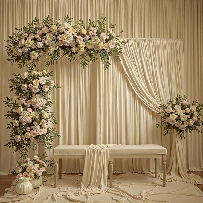 20ftx12ft Wrinkle Free Beige Backdrop Curtain, 4 Panels 12FT Height Beige Wedding Backdrop Drapes, Silky Polyester Back Drop Cloth for Birthday Photography Background Party Backdrop Draping