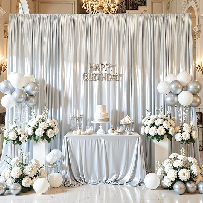 Silver Glitter Backdrop Curtain for Parties Wedding,10Ft x 10Ft Satin Shimmer Photo Backdrop,Non-Wrinkle Sparkle Drapes for Backdrop,Back Drop for Photography, Birthdays,Weddings,Prom