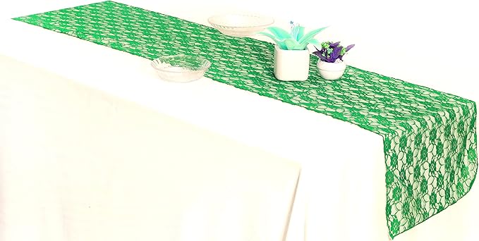 MDS Pack of 15 Wedding 12 x 108 inches Lace Table Runner for Wedding, Decorations for Birthday Parties, Banquets, Graduations, Engagements, and Runners fit Rectangle, Round Table- Green