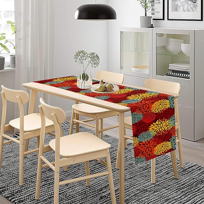 Red Yellow Dahlia Table Runner, Seasonal Autumn Thanksgiving Pattern Print for Home Kitchen Table Decor Dining Coffee Room Party Decor 13x36 Inch