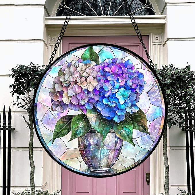Stained Glass Window Hanging, Blue Purple Hydrangea Flowerpot Suncatcher for Doors Home Sun Catchers Decoration and Christmas, Mother's Day Birthday Gifts for Women, Men, and Mom 9.8 in