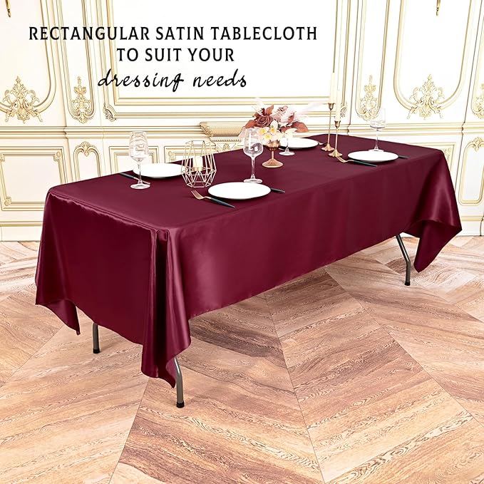 10 Packs Satin Tablecloth 57 x 108 Inch Burgundy Rectangular Table Cloth Silk Tablecloth Smooth Fabric Overlay Satin Table Cover Decoration for Wedding Party Banquet Events