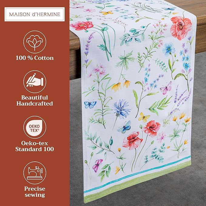 Maison d' Hermine Table Runner 100% Cotton Double Layer Table Runners 72 inches Long Decorative for Kitchen Dining Party Baby Shower Wedding Bridal Shower Spring Summer (Just Floral, 14.50" x 72")