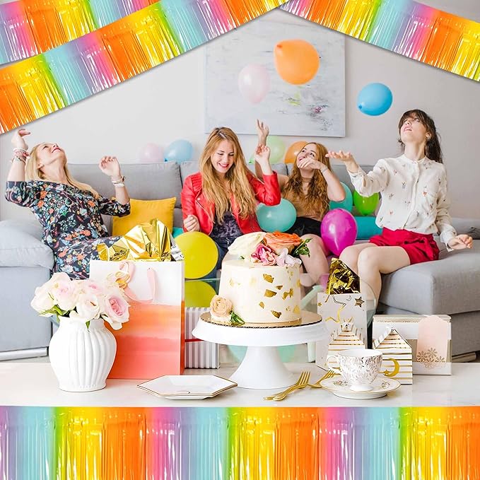 4 Pack 10 Ft Light Rainbow Foil Fringe Garland Metallic Streamers Tinsel Banner Wall Hanging Garland Backdrop for Parade Floats, Halloween, Christmas, Thanksgiving, New Year Party Decorations