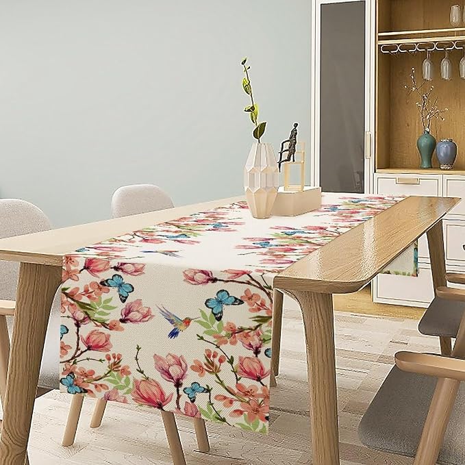 Flowers Table Runner,Floral Bird Butterfly Spring Table Cloth Kitchen Dining Table Home Party Decoration 13x72 Inch
