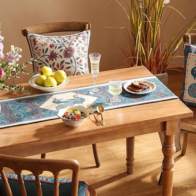 Vintage Blue Peacock Small Table Runner for Table,Decorative Linen 63 Inches Long Table Runners,Decor Tabletop for Kitchen,Dining,Tea Party,Home,Christmas,12"*63"